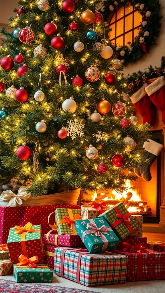 A decorated Christmas tree with gifts underneath, a fireplace in the background creating a warm holiday atmosphere.
